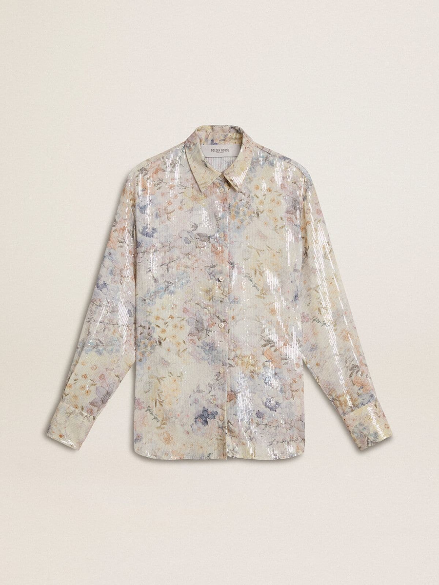 camisa feminina com estampa floral multicolorida de lantejoulas.