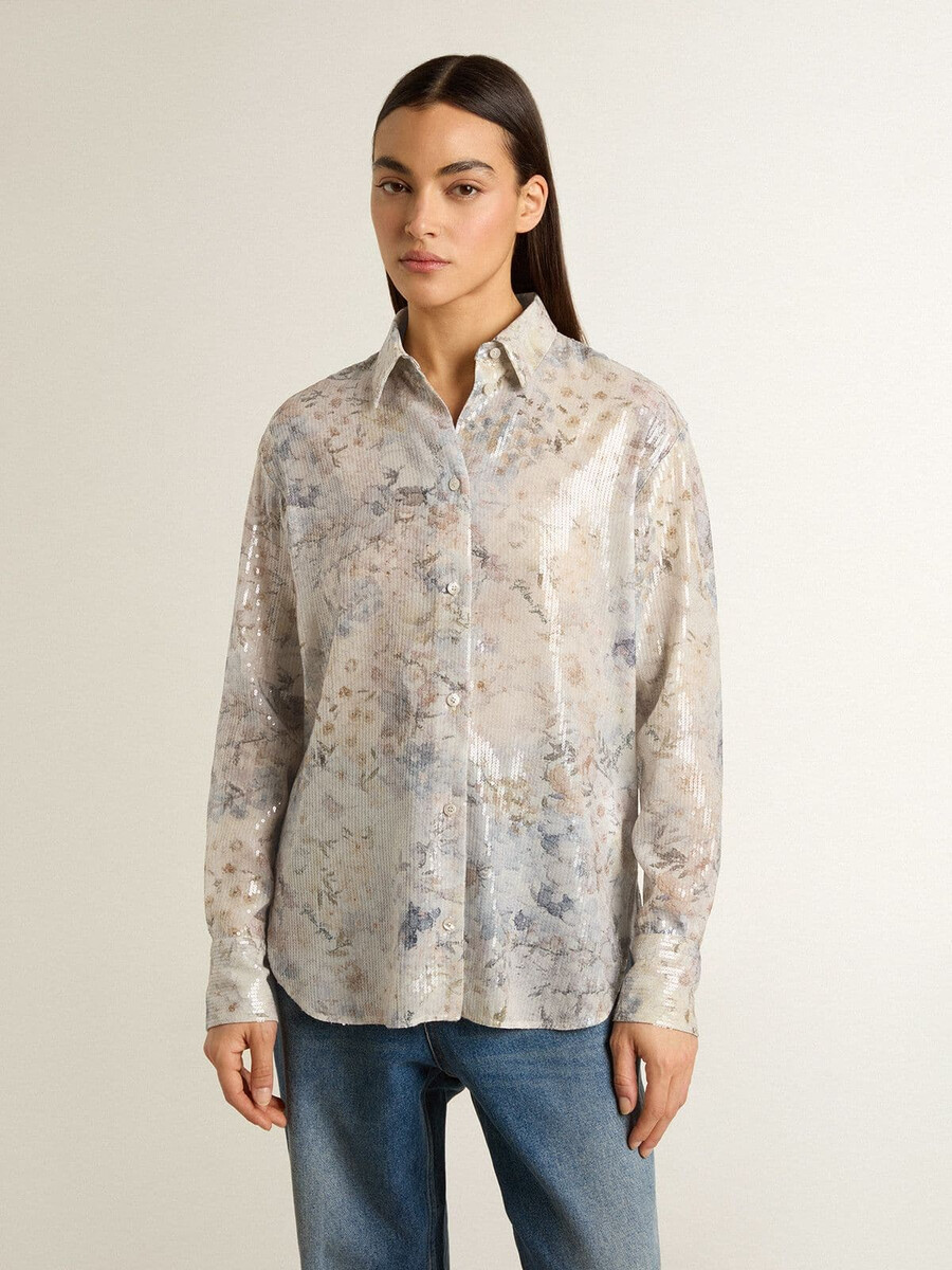 camisa feminina com estampa floral multicolorida de lantejoulas.
