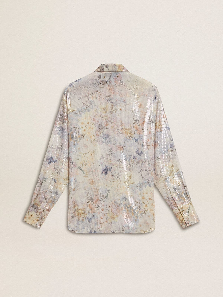 camisa feminina com estampa floral multicolorida de lantejoulas.