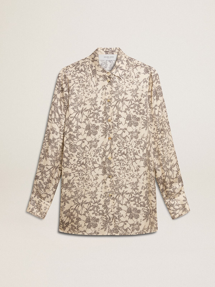 camisa de pijama feminina em mistura de seda com estampa floral.