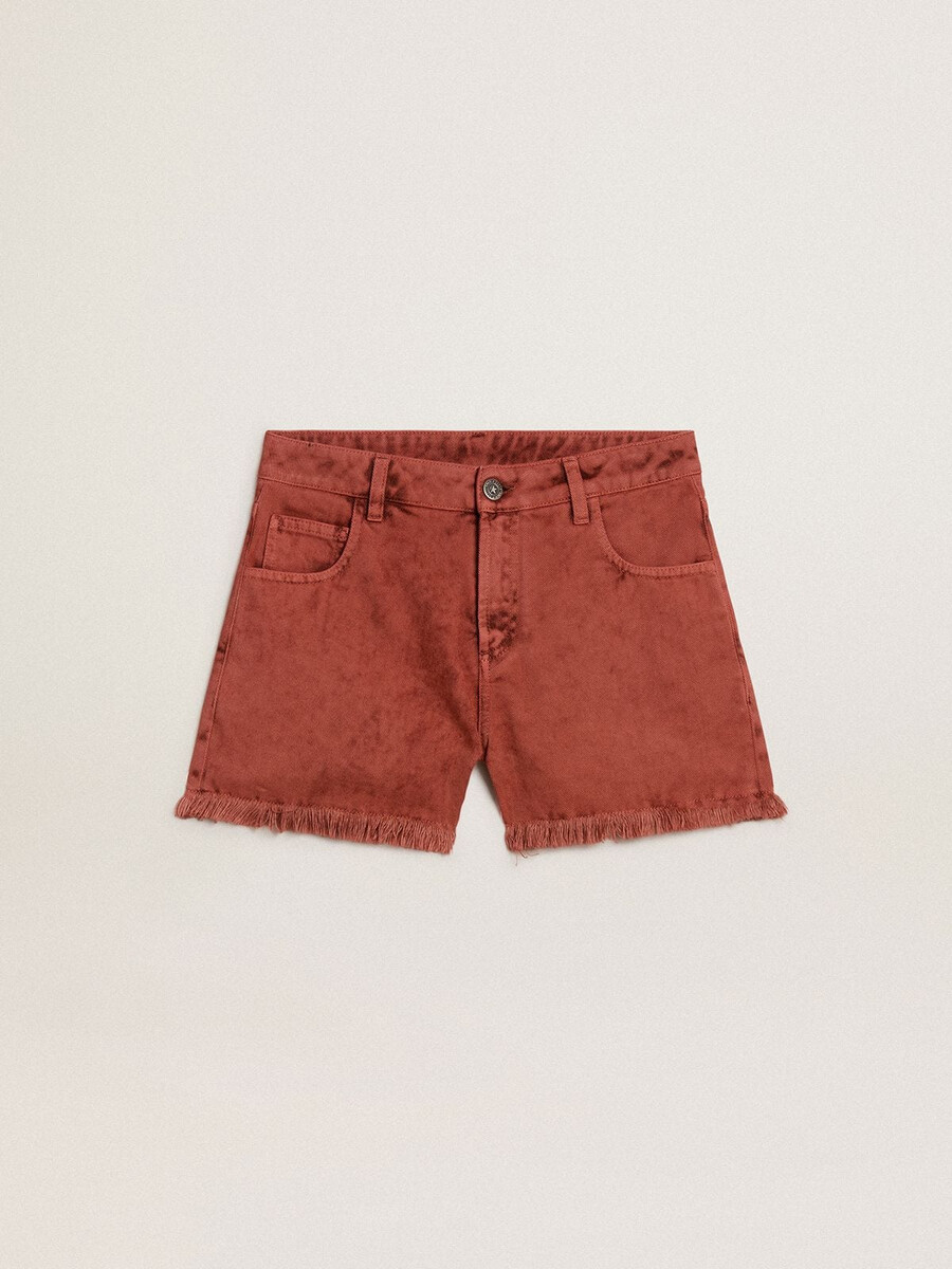 calções femininos em ganga vermelho-tijolo com bordado golden mediterraneo