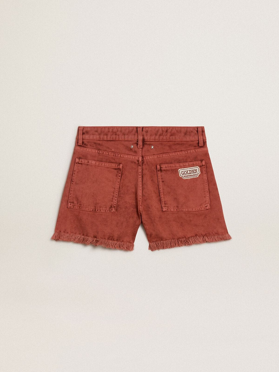 calções femininos em ganga vermelho-tijolo com bordado golden mediterraneo