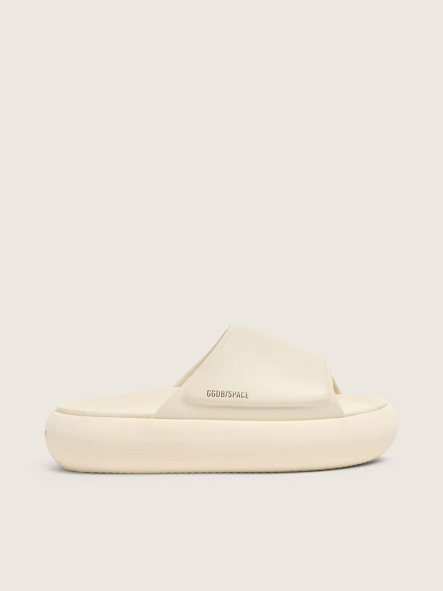sandálias masculinas space-star slide em couro branco.