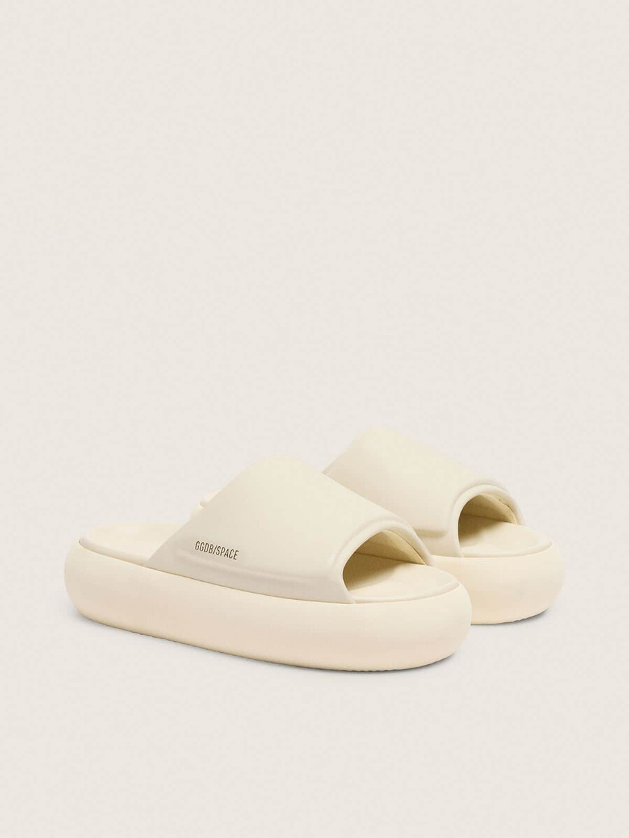 sandálias masculinas space-star slide em couro branco.