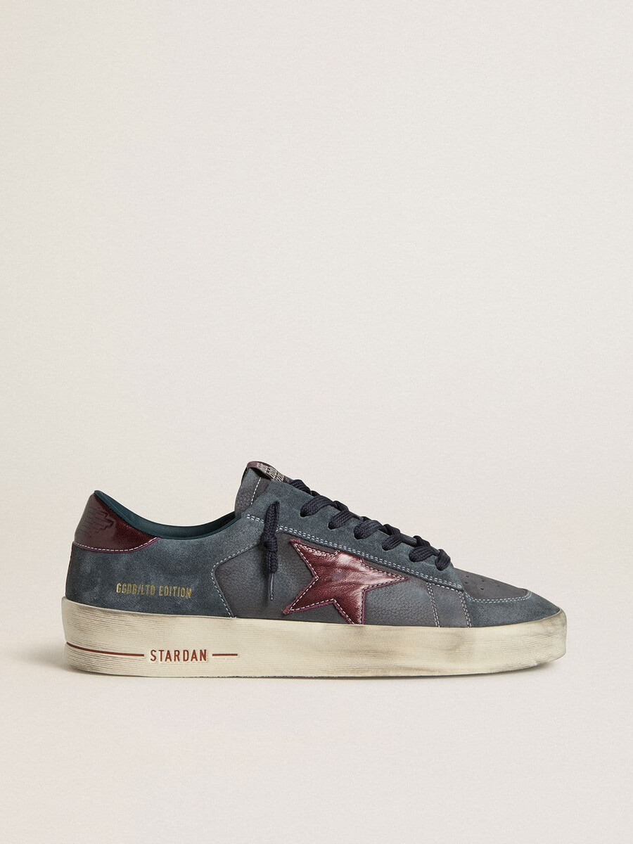 tênis masculino stardan ltd em nobuck antracite e camurça azul com estrela em couro metálico