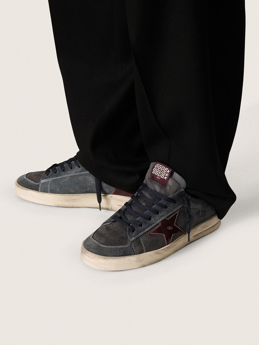 tênis masculino stardan ltd em nobuck antracite e camurça azul com estrela em couro metálico