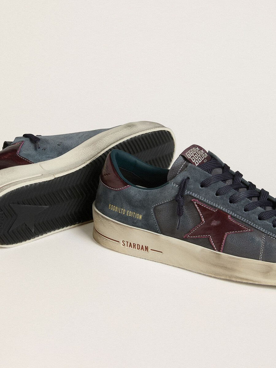 tênis masculino stardan ltd em nobuck antracite e camurça azul com estrela em couro metálico
