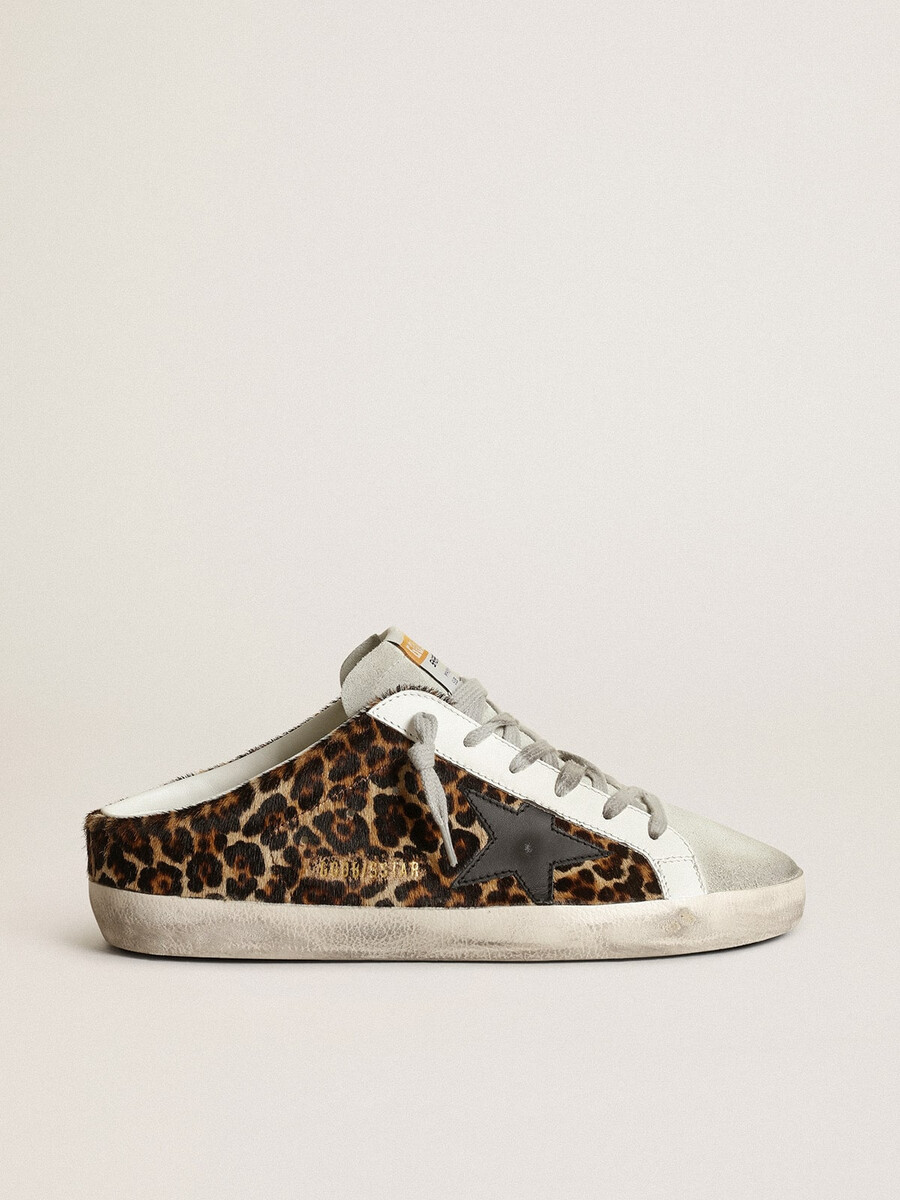 sapatilha feminina super-star em pele de pônei com estampa de leopardo e estrela preta