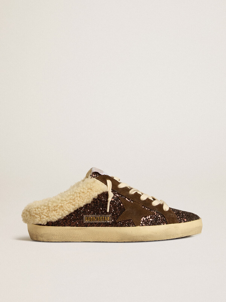 sapatos super-star com glitter estrela marrom e forro de lã de carneiro.