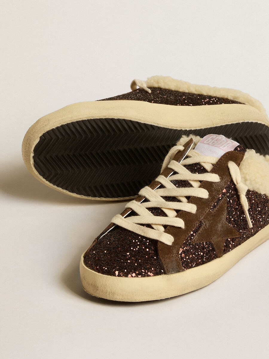 sapatos super-star com glitter estrela marrom e forro de lã de carneiro.
