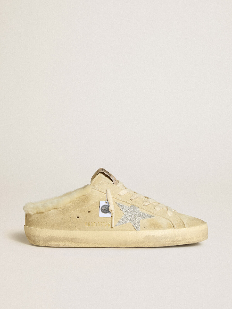 sapatos super-star com estrela de cristal swarovski e forro de lã de carneiro.