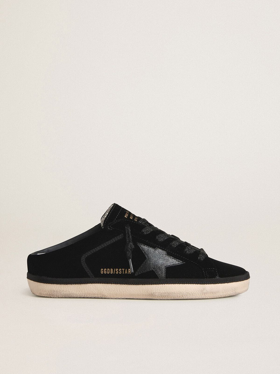 sapatos super-star femininos em veludo preto com estrela de couro preto com microglitter.