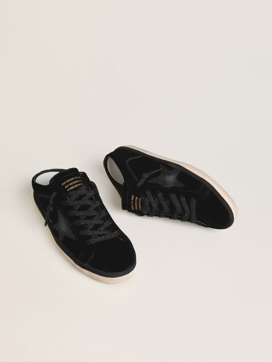 sapatos super-star femininos em veludo preto com estrela de couro preto com microglitter.