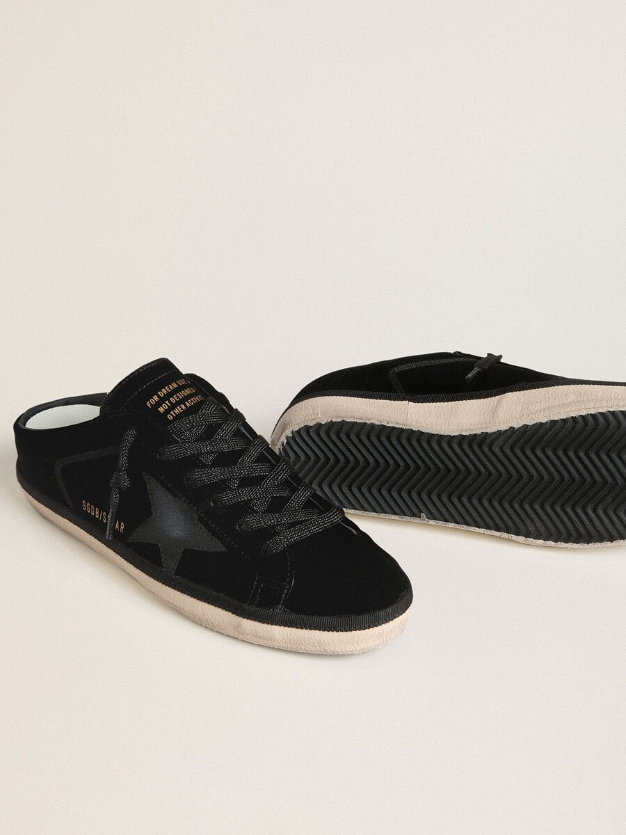 sapatos super-star femininos em veludo preto com estrela de couro preto com microglitter.