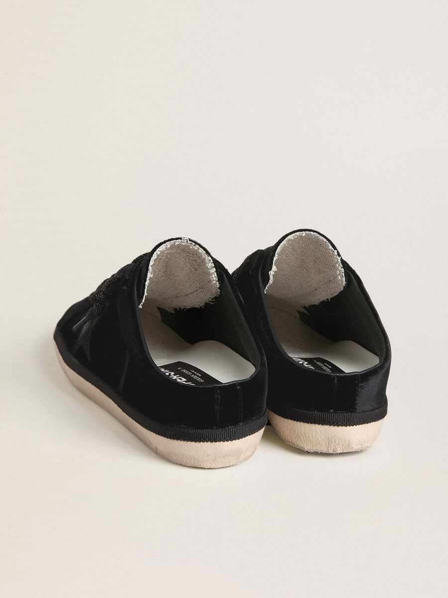 sapatos super-star femininos em veludo preto com estrela de couro preto com microglitter.