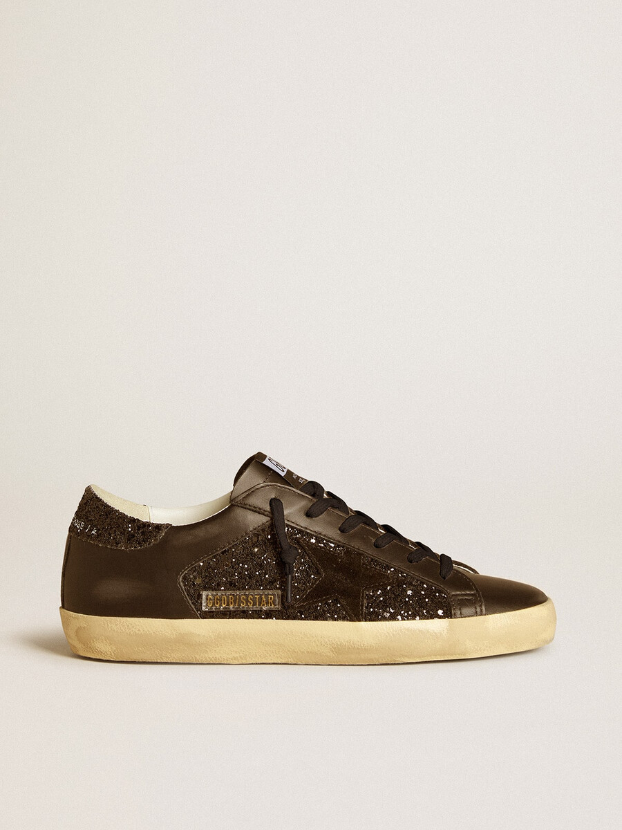 super-star feminino em glitter preto com estrela em camurça preta e detalhes em couro.