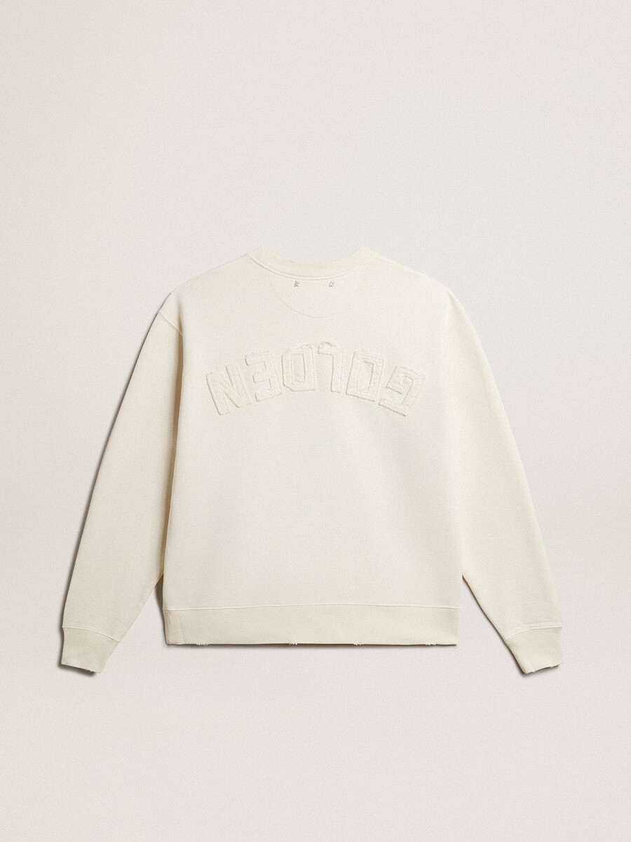 moletom branco envelhecido com logo invertido nas costas - coleção jersey capsule