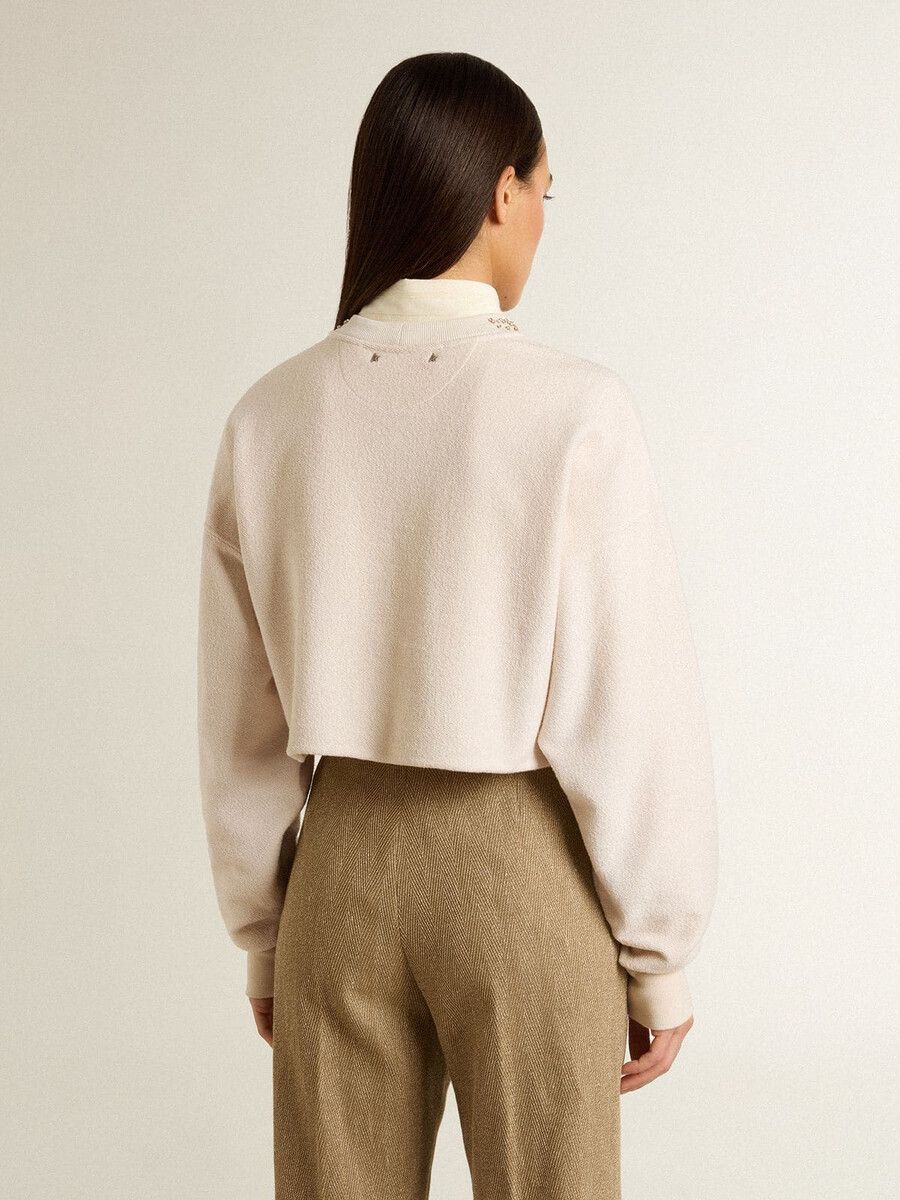 blusa cropped feminina de algodão creme com cristais na frente.