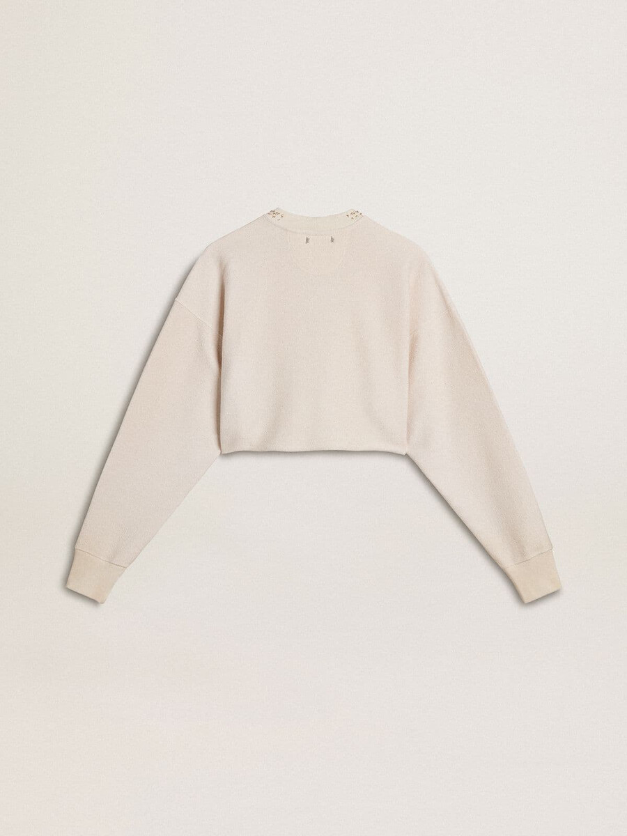 blusa cropped feminina de algodão creme com cristais na frente.