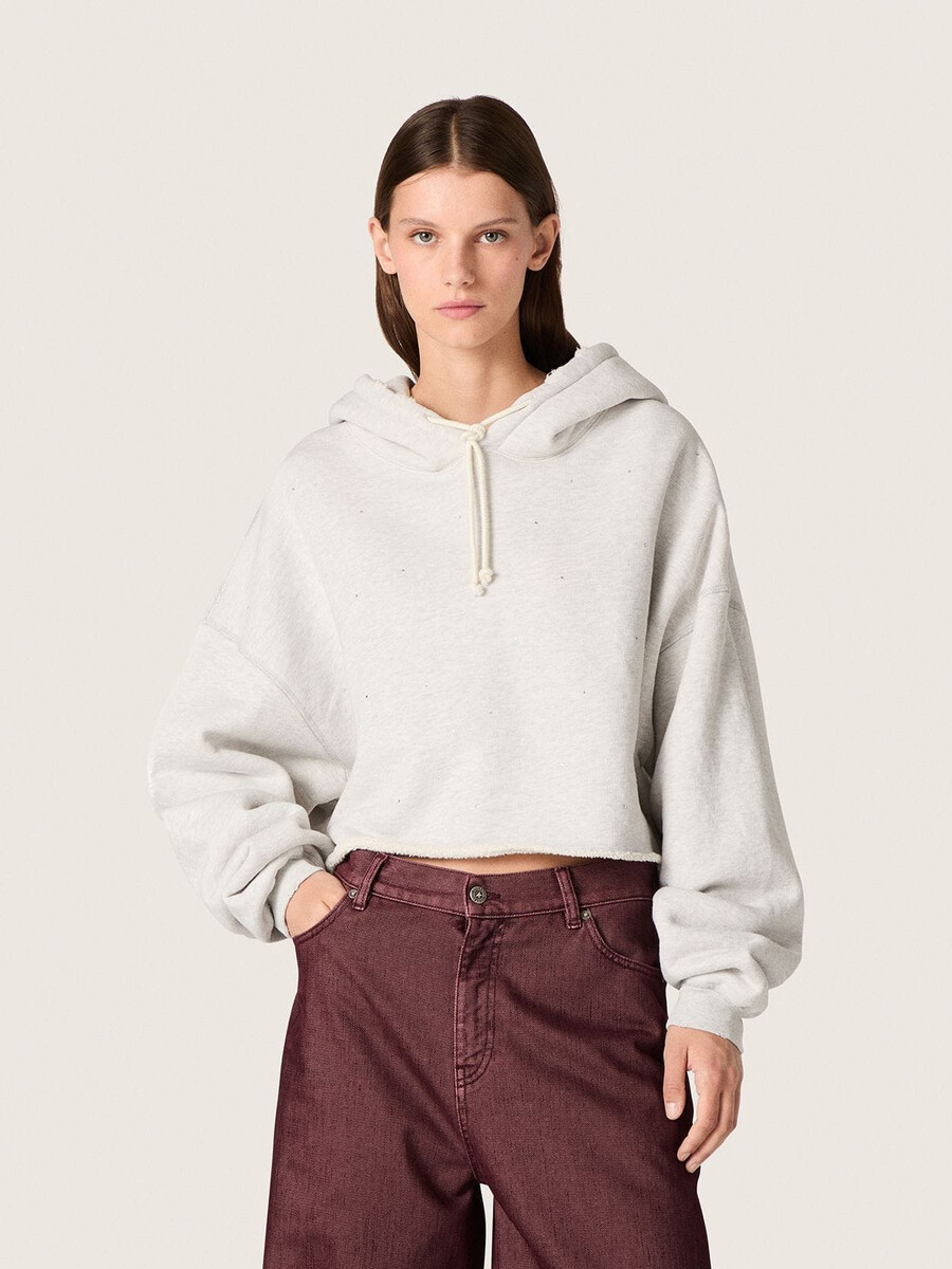 moletom cropped com capuz feminino star em algodão mesclado cinza.