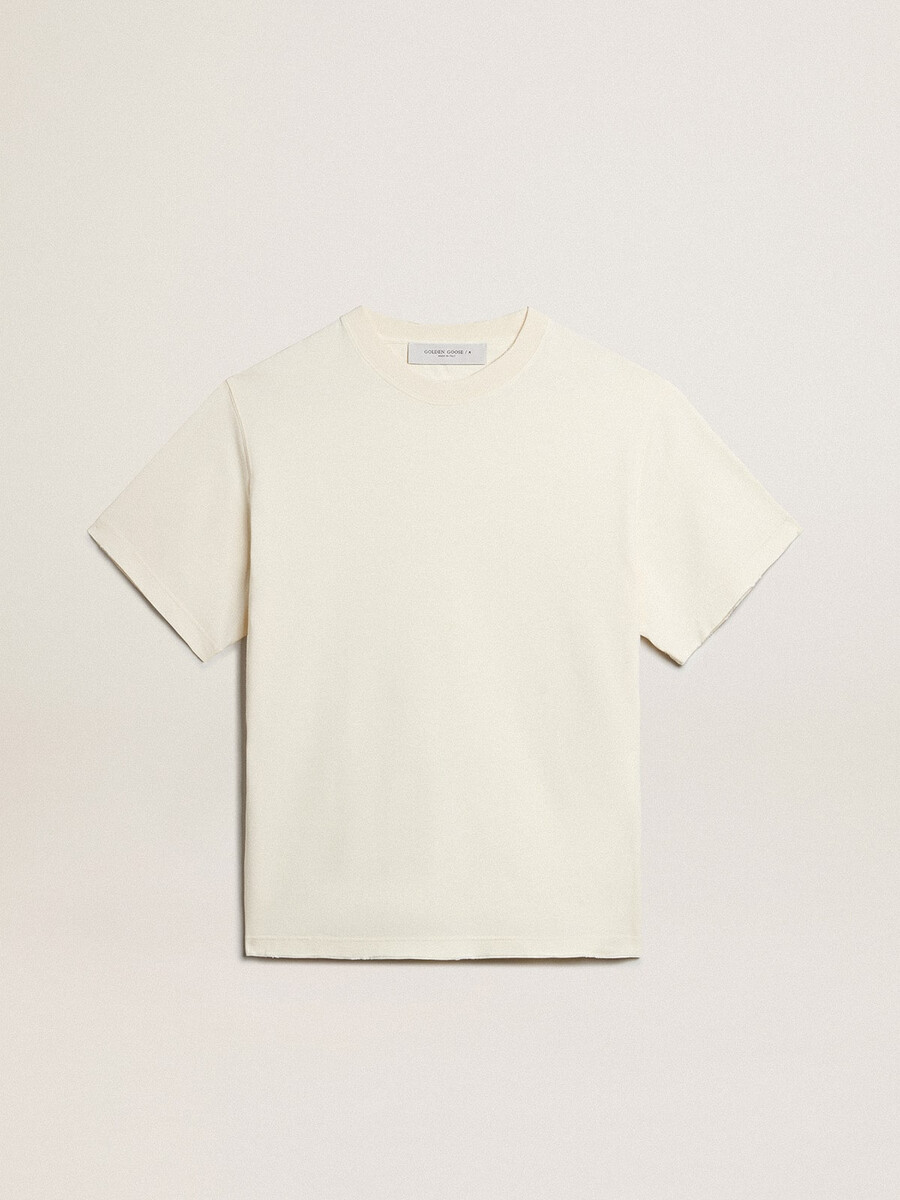 camiseta branca envelhecida com logo invertido nas costas - coleção jersey capsule