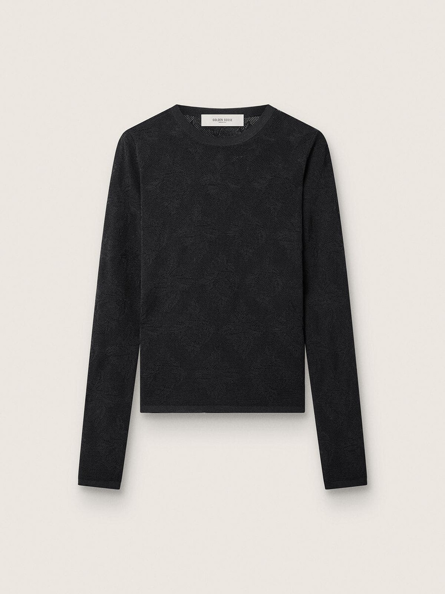 suéter feminino de gola redonda com estampa floral jacquard preta.