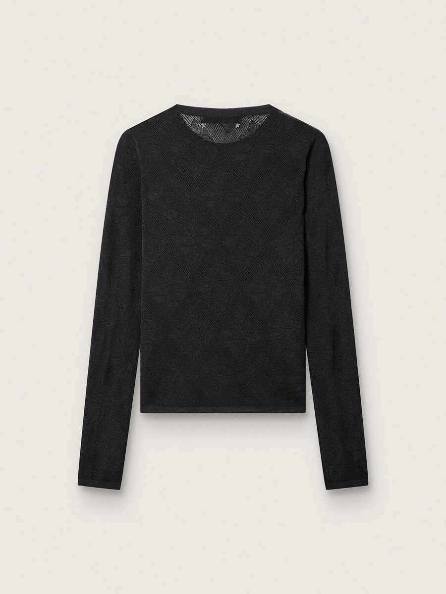 suéter feminino de gola redonda com estampa floral jacquard preta.