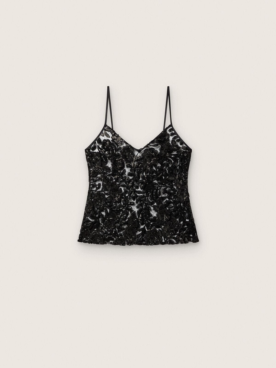 blusa feminina em tule preto com estampa floral em lantejoulas pretas.