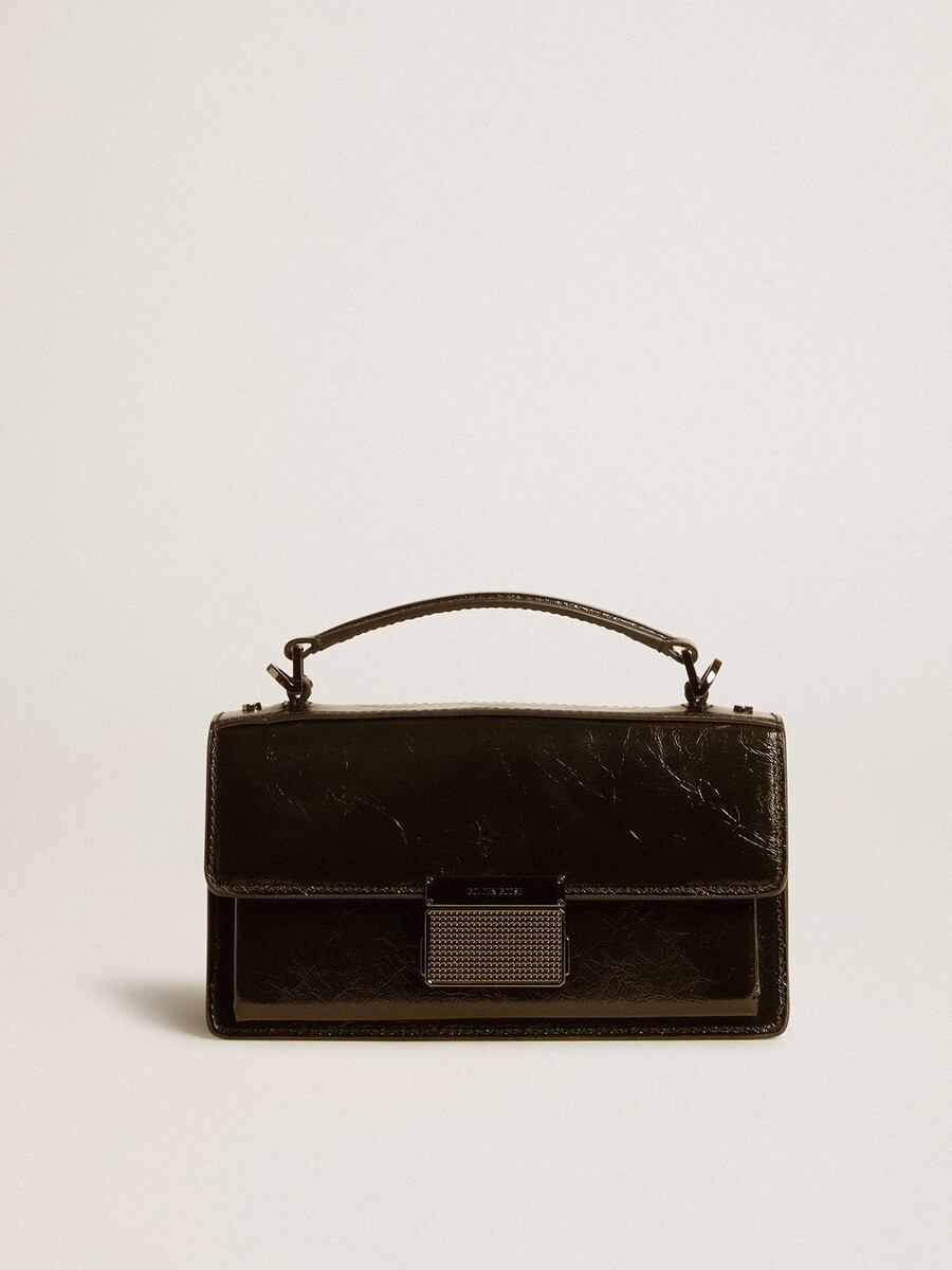 bolsa pequena venezia em couro metalizado preto com detalhes em preto.